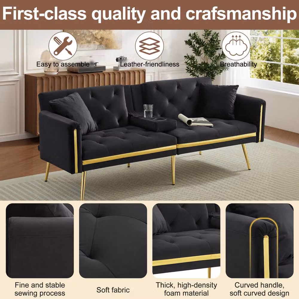 Merax Black Velvet Sofa Bed with Gold Trim and Fold-Down Cup Holders, W/D/H: 174 x 76 x 71.5 cm – 6