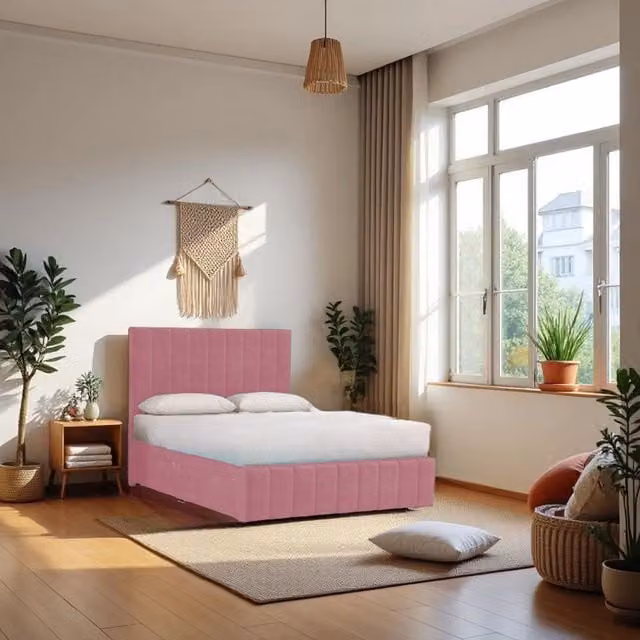 Knight Sleep Paris Super King Bed and Hybrid Mattress with 2 Drawers and Upholstered Headboard in Dark Pink