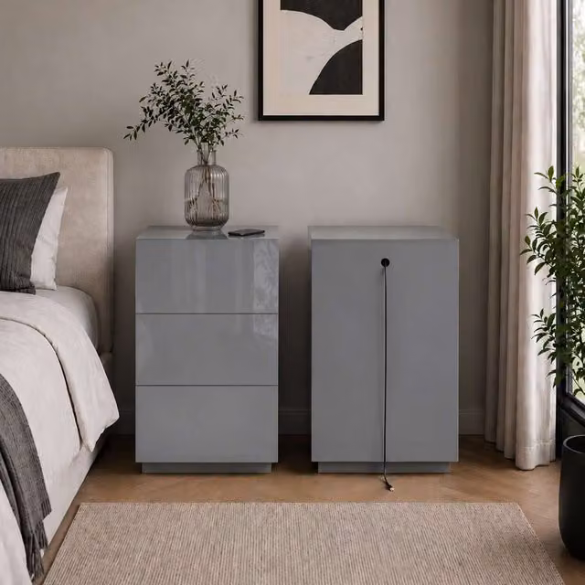 Birlea Liberty 3 Drawer Bedside Cabinet in Grey with Glass and Wireless Charger