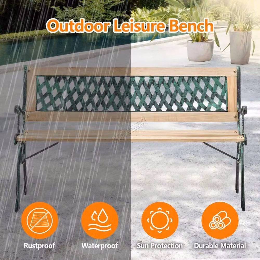 NESTLUNE 3 Seater Outdoor Wooden Garden Bench with Cross Lattice Cast Iron in Green, W: 122 cm, D: 15 cm, H: 100 cm – 6