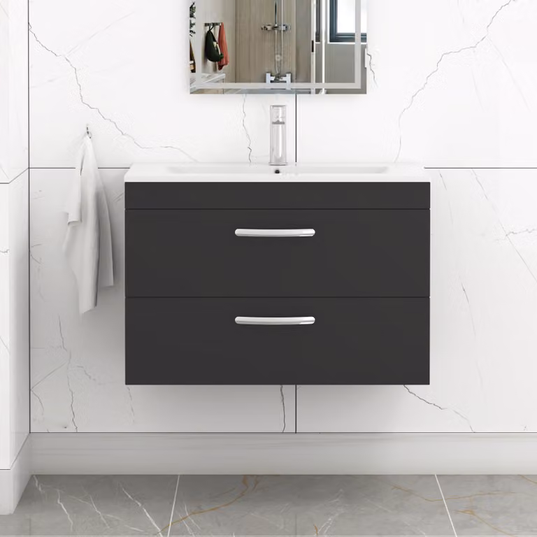 Royal Bathrooms Turin 800mm Wall Hung Vanity Unit in Matt Black with 2 Drawers and Minimalist Basin