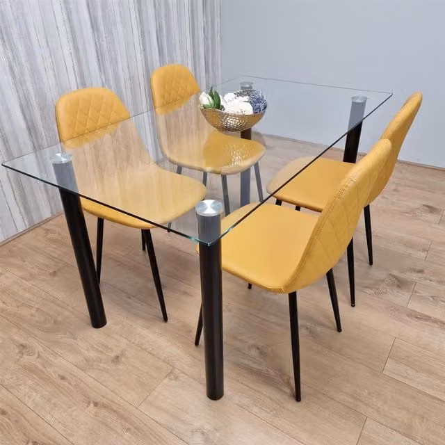 KOSY KOALA Modern Rectangular Glass Dining Table with 4 Yellow Chairs and Brown Metal Legs, W/D/H: 120 x 70 x 75 cm