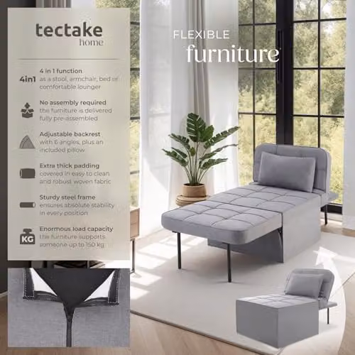 tectake 4-in-1 Folding Chair, Day Bed, Lounger and Footstool with Metal Frame and Foam Padding in Grey – 4