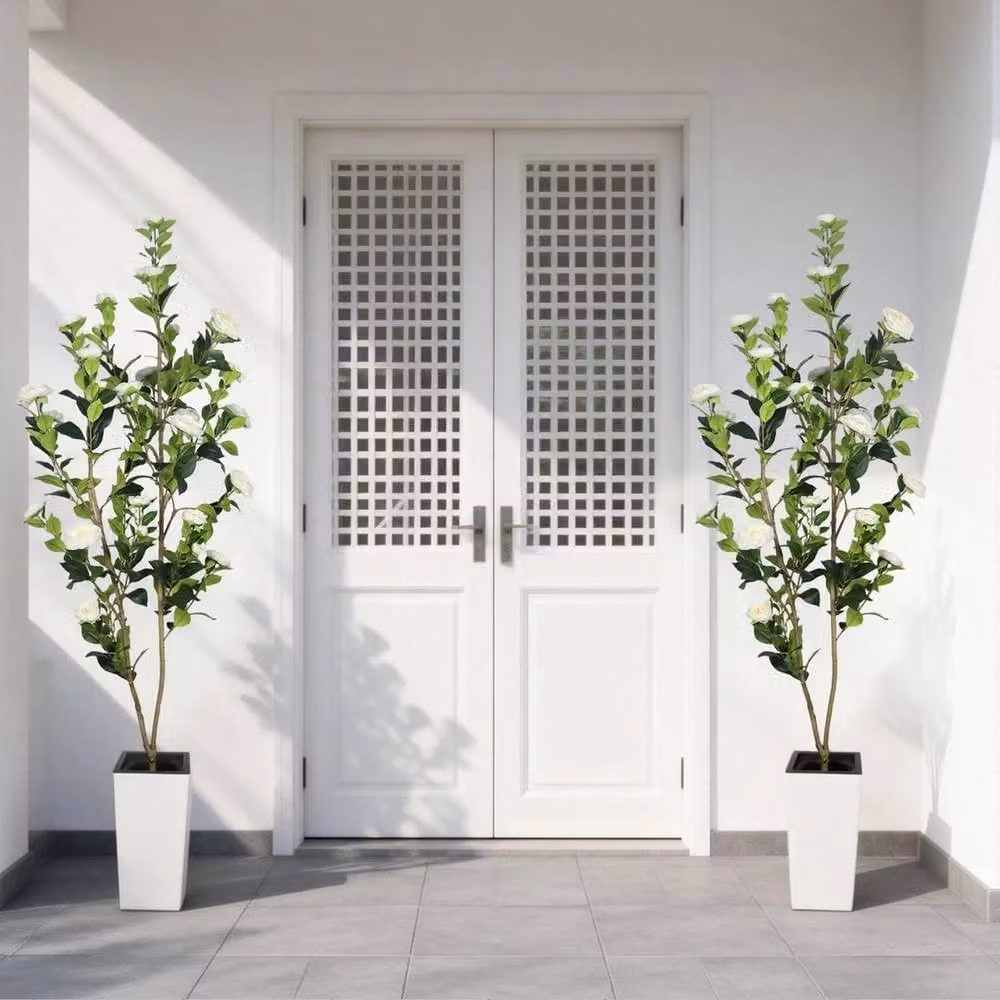 VOGREX 6ft Artificial White and Green Camellia Tree in Pot – 3