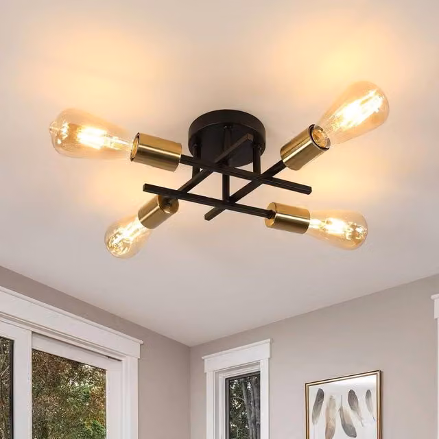 COMELY Sputnik Industrial 4-Light Ceiling Chandelier in Black and Gold/Brass with E27 Fitting