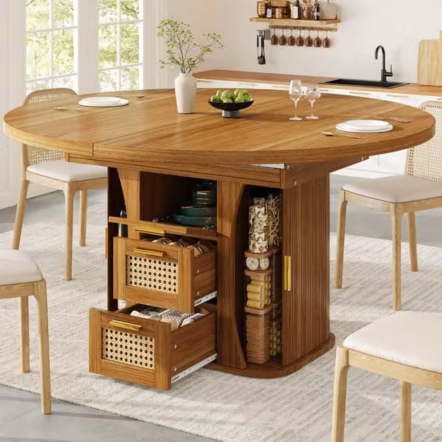 Aosom UK Extendable Brown Dining Table with Metal Frame and Rattan-Effect Pull-Out Drawers, W/D/H: 118 x 118 x 77 cm