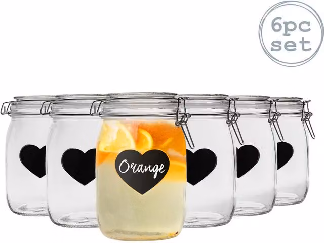 Nicola Spring Pack of 6 Airtight and Leakproof Glass Storage Jars with Silicone Seals, 1 l, Transparent and Yellow