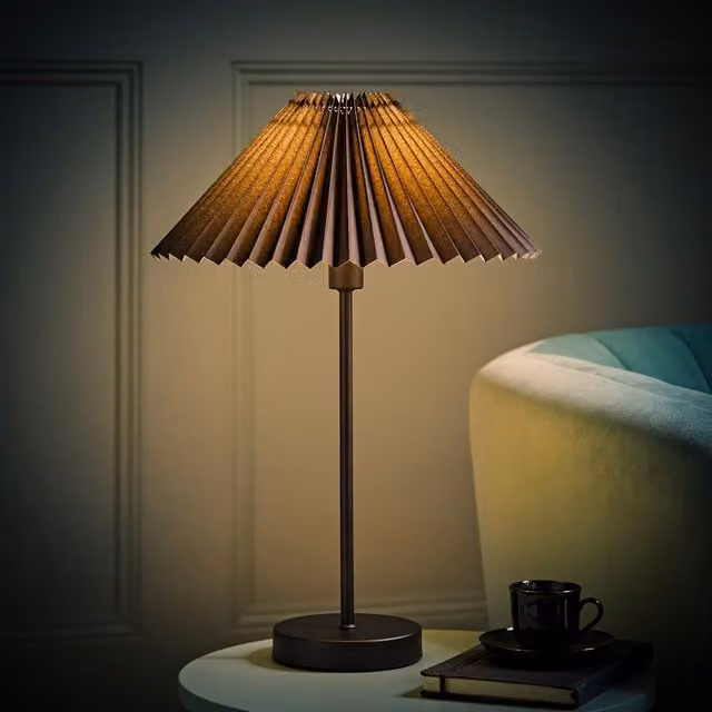ValueLights Akira Slim Table Lamp with Black Fabric Pleated Shade and LED Bulb