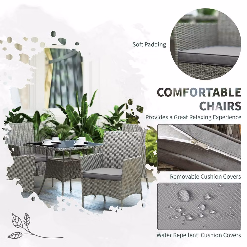 STILVORA 5-Piece Modern Garden Dining Set with Square Tempered Glass Table and Chairs in Grey – 4