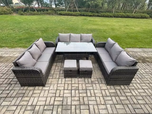 Fimous 11 Seater Rattan Garden Furniture Set with Oblong Rectangular Dining Table and 2 Small Footstools in Dark Grey
