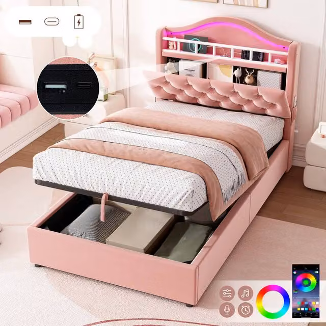 ModernLuxe Pink Velvet Upholstered Single Ottoman Bed with LED Lighting and USB Charging Port, W/D/H: 90 x 190 x 122 cm