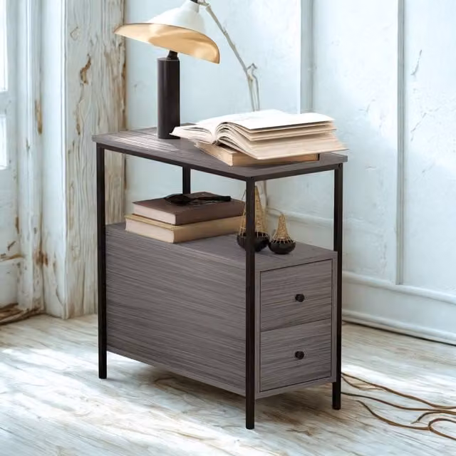 Pirlo Plush Industrial Bedside Table with 2 Drawers and Shelf, Grey and Black, W: 60 cm, D: 30 cm, H: 61 cm
