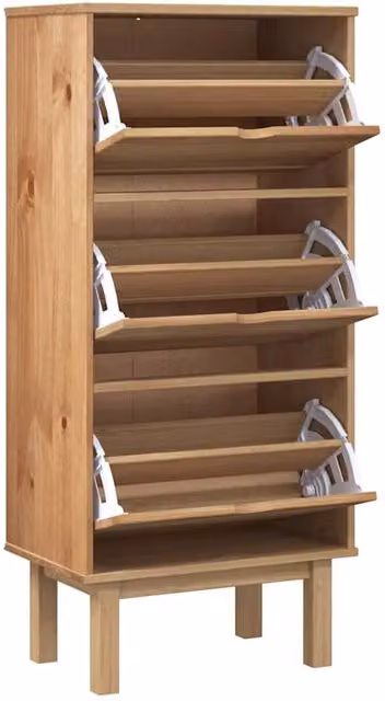 Berkfield Home OTTA Shoe Cabinet in Brown Solid Wood Pine with 3 Drawers and Tilting Compartments, W/D/H: 120 x 35 x 55 cm – 1