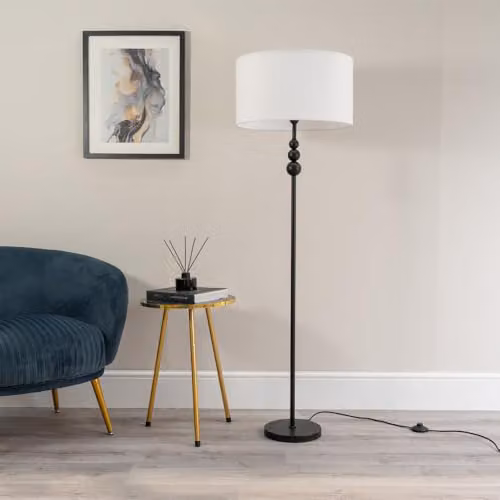 ValueLights Marissa Black Stacked Ball Floor Lamp with White Fabric Drum Shade – 2