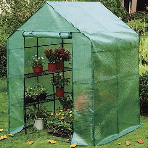 AMOS 3-Tier Portable Outdoor Garden Greenhouse in Green with 8 Shelves and Removable Waterproof PE Cover, H x W x D: 195 x 143 x 143 cm