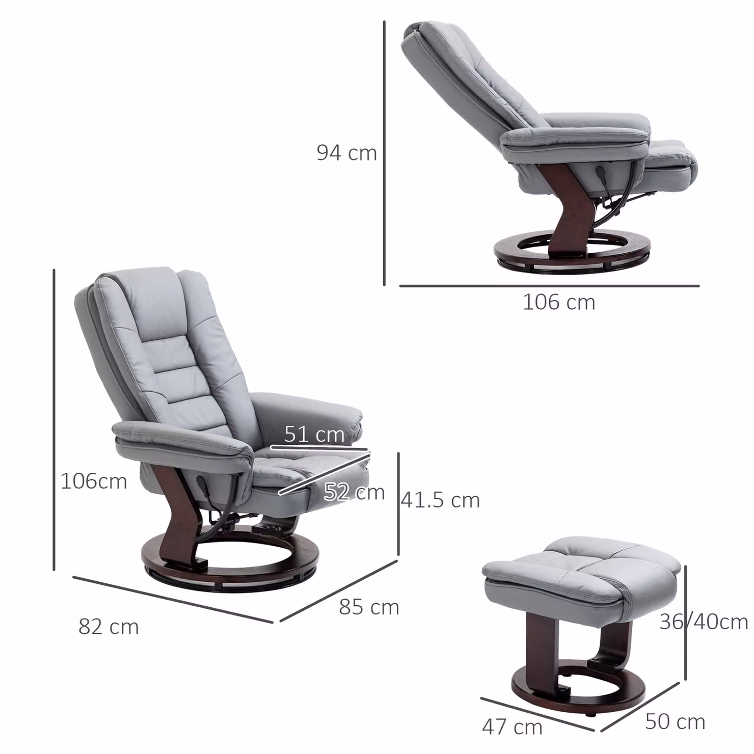 HOMCOM Grey Recliner Armchair with Footstool, 360 Degree Swivel and 135 Degree Recline, 130kg Capacity – 3
