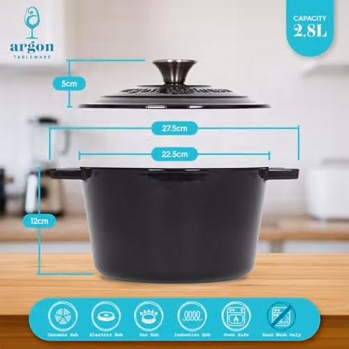 Argon Tableware Round Enamelled Cast Iron Casserole Dish with Self-Basting Lid, 2.8 l, Black – 3