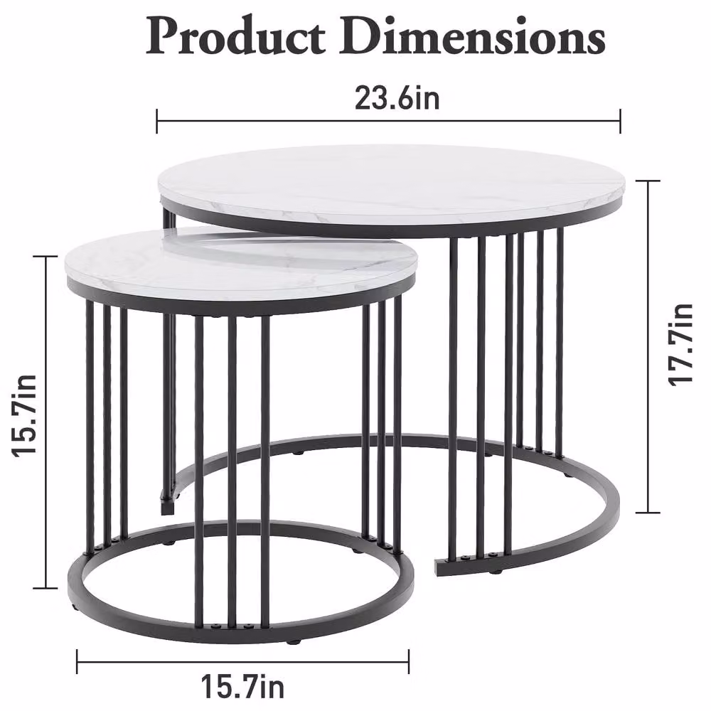 Huhote Set of 2 Modern Round Nesting Tables with White Marble Finish Top and Black or Gold Metal Frame – 3