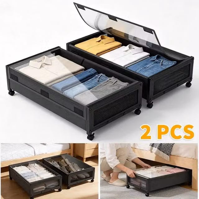 EONLION Set of 2 Black Mesh Underbed Storage Boxes with Lids and Wheels