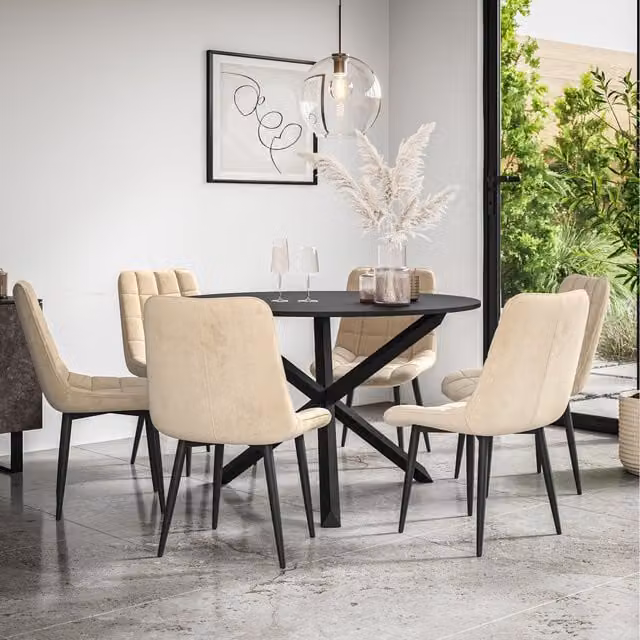 More4Homes Malvern Round Black Dining Table Set with Black Oak Legs and 6 Beige Nova Velvet Chairs