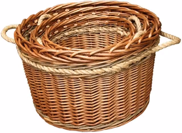 Red Hamper Set of 3 Wicker Log Baskets with Rope Handles in Brown and Green, H 48 x W 48 x D 30 cm, H 48 x W 48 x D 8 cm