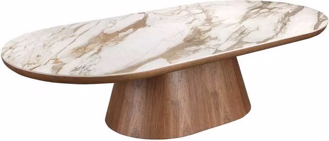 Angel Cerda Modern Oval Half-Round Coffee Table with White Marble Porcelain Top and Walnut Finish, W: 160 cm, D: 80 cm, H: 38 cm
