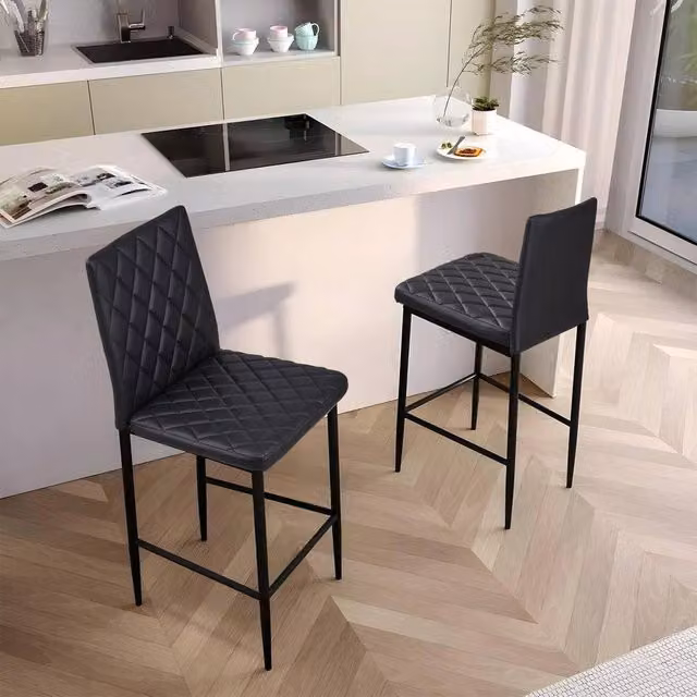 SPETLEK Set of 2 Black PU Padded Pub Breakfast Bar Stools