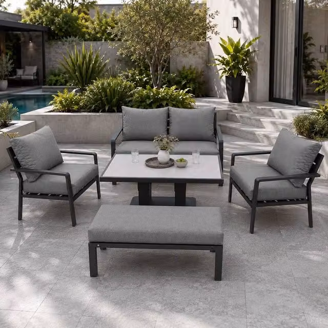 Shatchi 4 Seater Grey Aluminium Garden Sofa Set with Height Adjustable Gas Lift Glass Table