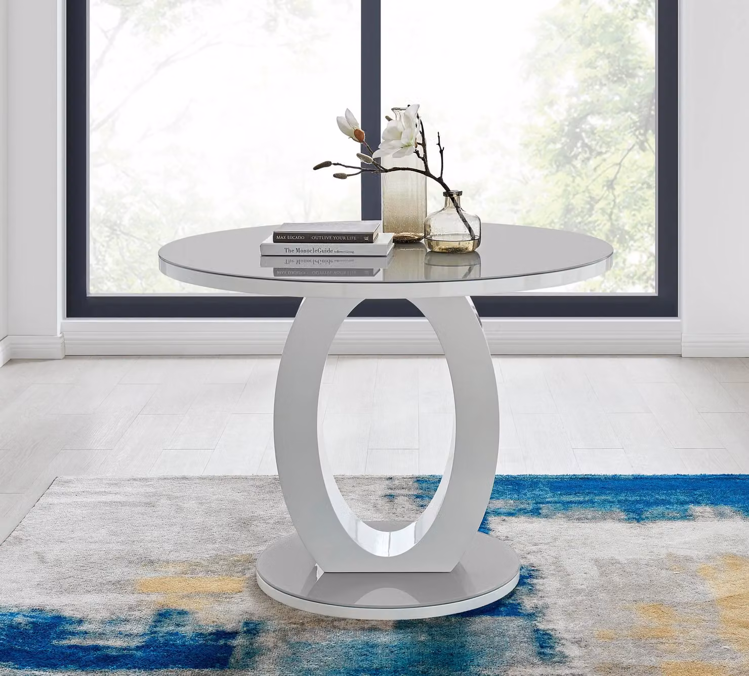 FurnitureboxUK Giovani Round Dining Set with Grey Glass Top 100cm White High Gloss Halo Base Table and 4 Black Soft Velvet Milan Chairs with Silver Legs – 2