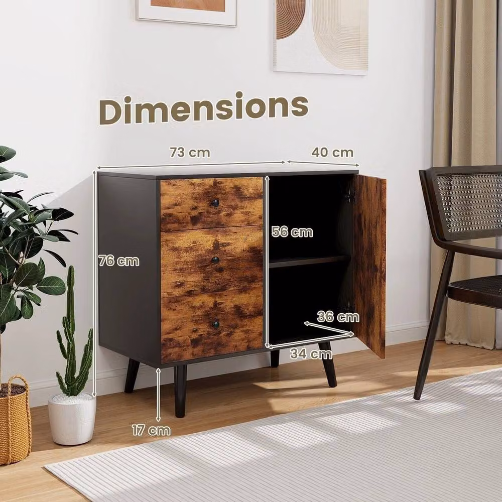 VOGREX Industrial Rubberwood Sideboard Cabinet with 3 Drawers and 1 Door in Brown – 2