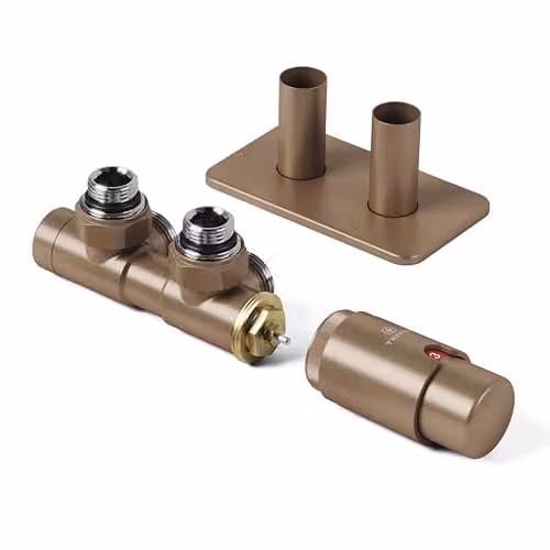 Terma Vario Twins Angled Accessory Valve Set with Thermostat Head and Pipe Masking, Right Sided, Bright Copper