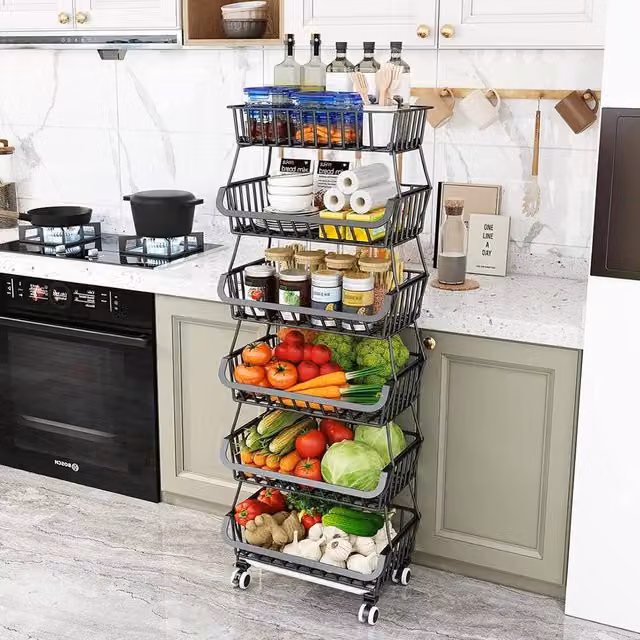 Living and Home Multi-tiered Metal Kitchen Storage Rack with Casters in Matt Black – 1