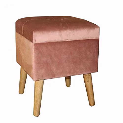 M S L Pink Velvet Storage Stool with Wood Frame, W/D/H: 33 x 33 x 42 cm