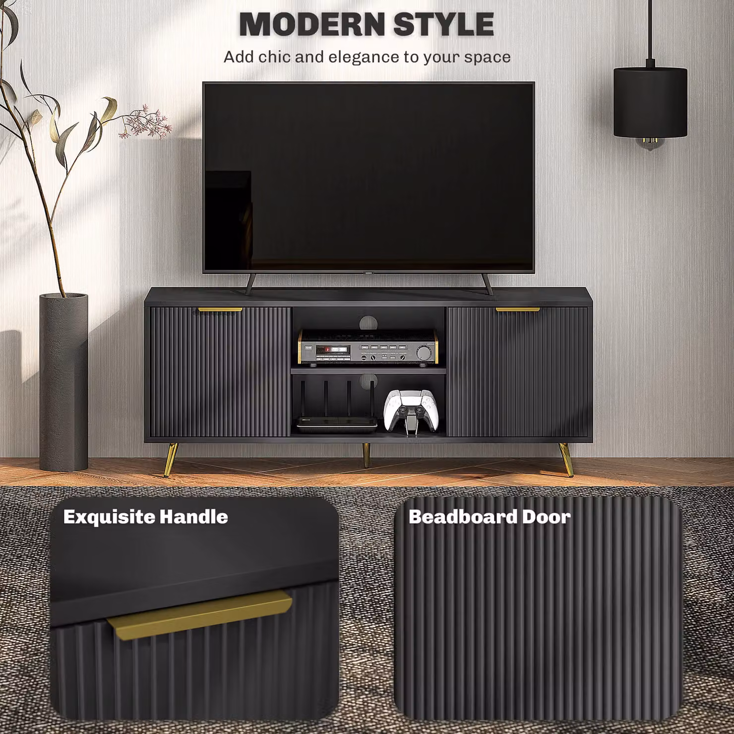 HOMCOM Modern Black TV Stand Cabinet with Media Storage for Living Room and Bedroom – 4