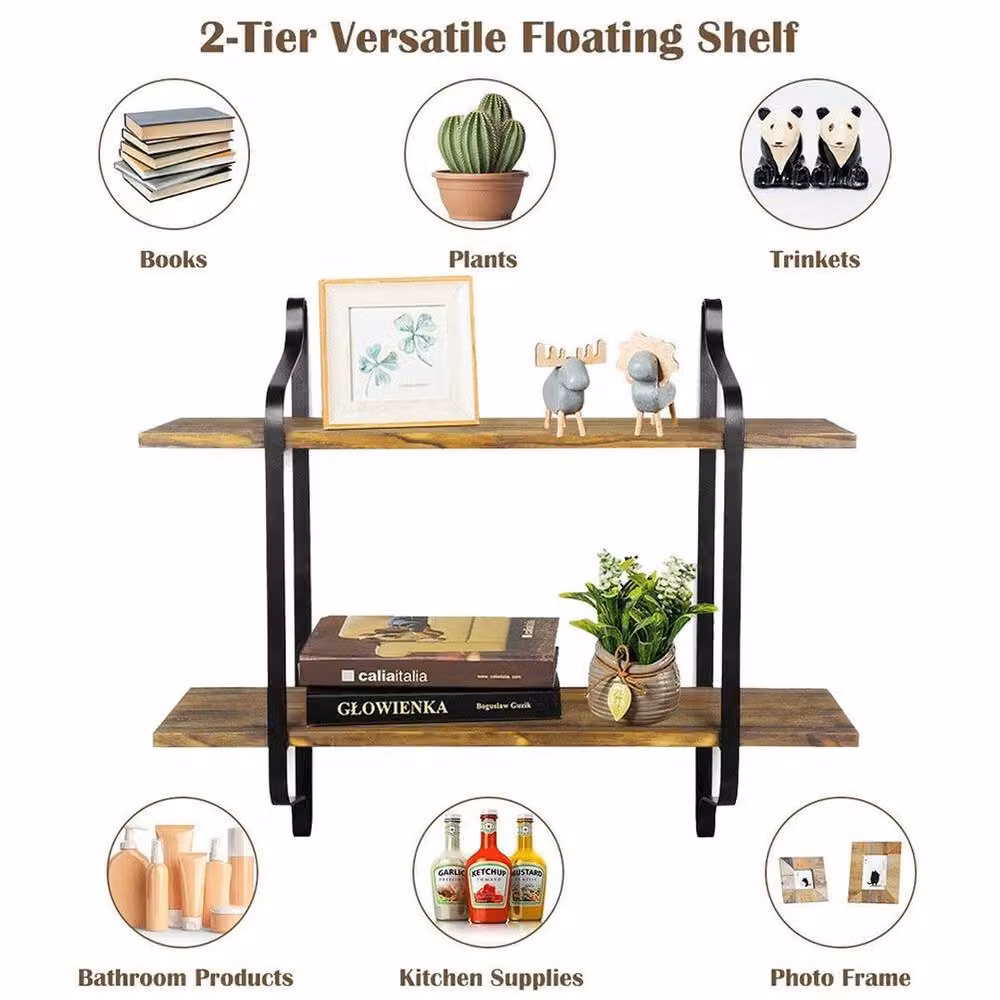 Kelvenix Large Rustic Brown Pine Wood and Metal Wall Mounted Floating Shelves – 3