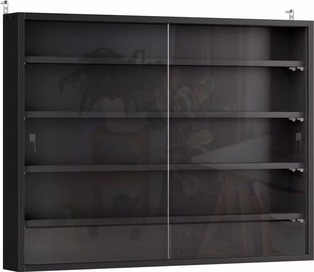 HOMCOM Black Wall Mounted 5-Tier Display Cabinet with Glass Doors and Internal Shelves