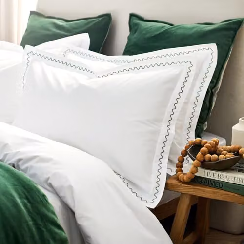 Christy Wave Edge Embroidered Cotton Percale Duvet Cover Set in Green and White, W/D/H: 230 x 220 x 180 cm – 4