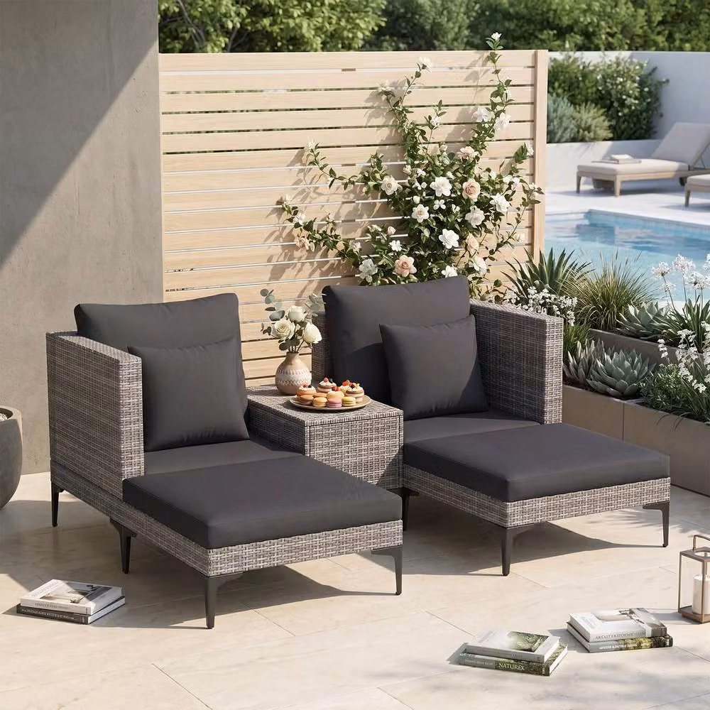 Costway 5-Piece Grey PE Rattan Patio Conversation Set with Upholstered Cushions and Side Table – 3