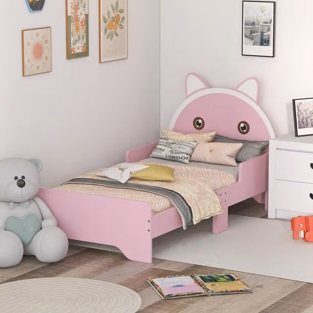 ZONEKIZ Cat Design Toddler Bed Frame with Guardrails, Pink