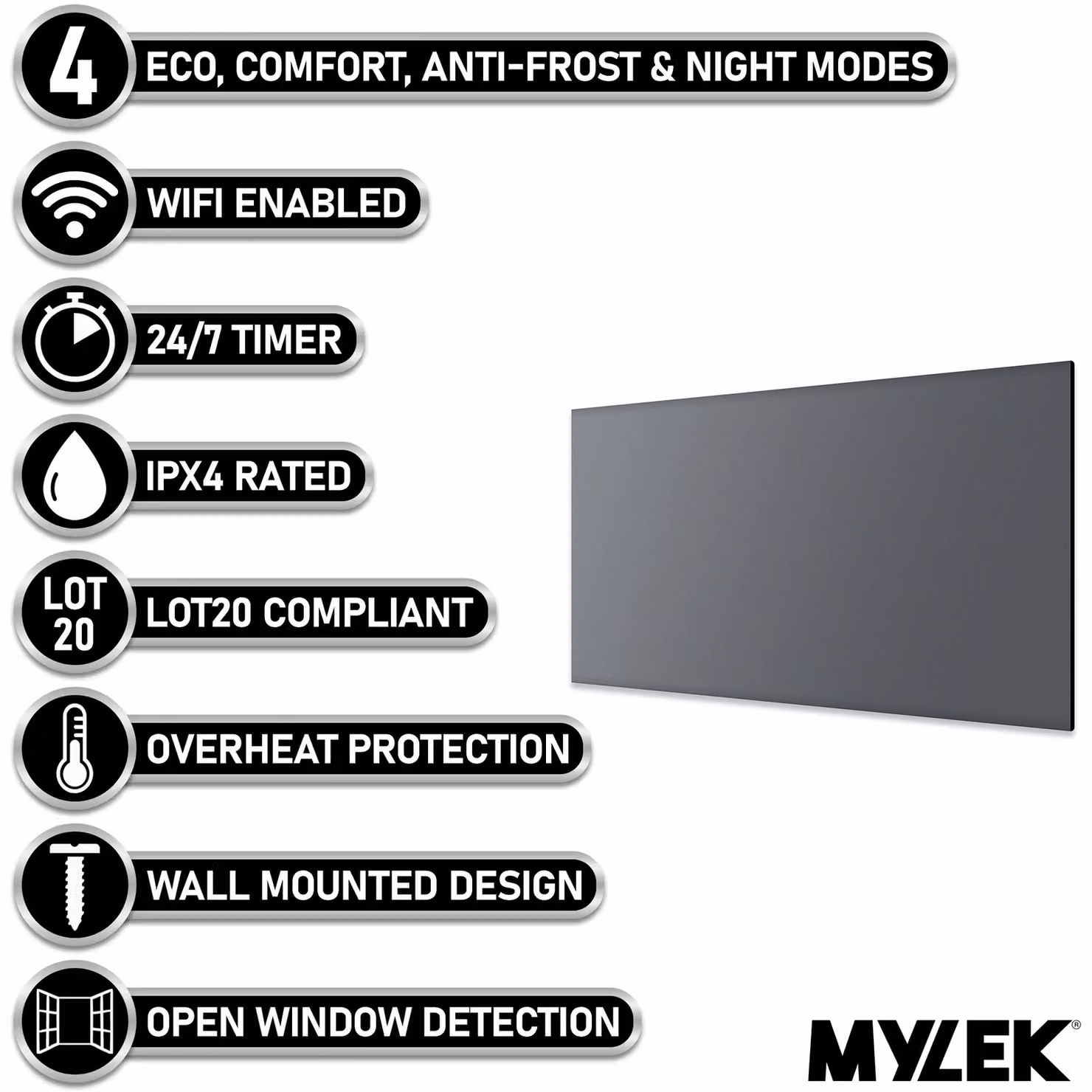 MYLEK 2kW Slimline Electric Panel Convector Heater with WiFi App Control in Anthracite – 2