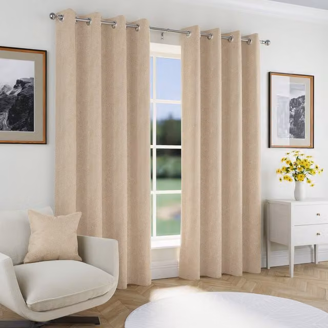 Enhanced Living Chester Natural Herringbone Jacquard Blackout Eyelet Curtains, Thermal Insulating, Natural/Brown/Beige, Height: 229 cm