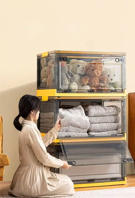 Living and Home 3-Piece Set of Large Collapsible Stackable Clear Plastic Storage Boxes with Wheels and Lids in Yellow – 1