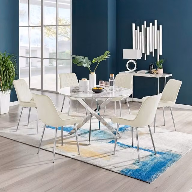 FurnitureboxUK Novara Round White Marble Effect Dining Table and 6 Pesaro Silver Chairs in Cream
