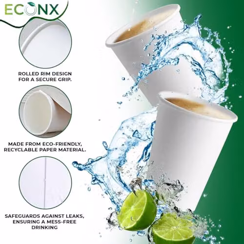 ECONX White Single Wall Disposable Paper Cups for Hot and Cold Drinks, 354ml, 100 Pack – 4