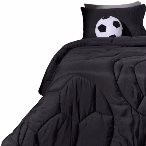 OHS Double Football Quilted Coverless Microfibre Duvet and Pillowcase Set, 7.5 Tog, Black, W/D/H: 200 x 200 x 0 cm