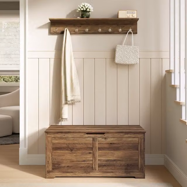 VASAGLE Bronze Rustic Wood Shoe Bench and Blanket Box with 2 Safety Hinges W/D/H: 136 x 40 x 46 cm