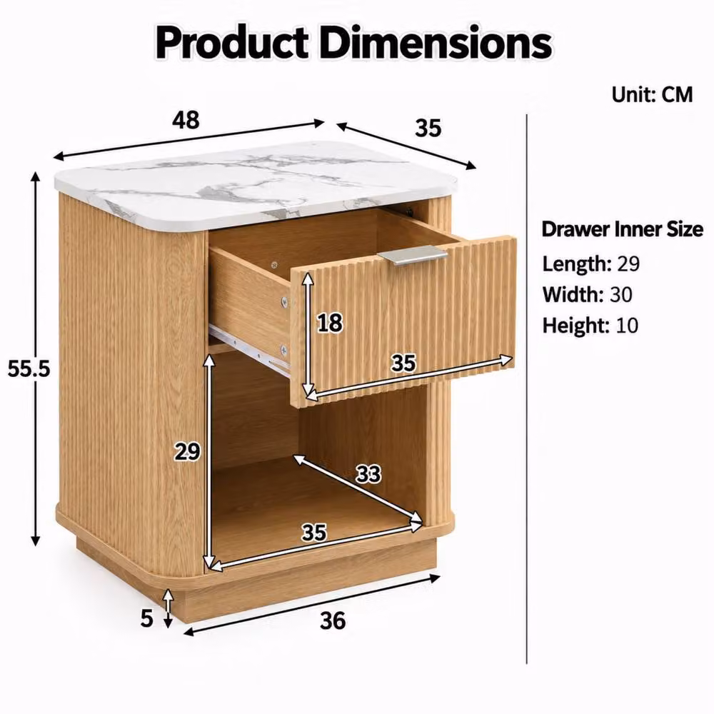 Merax Set of 2 Fluted Bedside Tables with Marble Effect Top Drawer and Open Shelf in Light Oak – 2