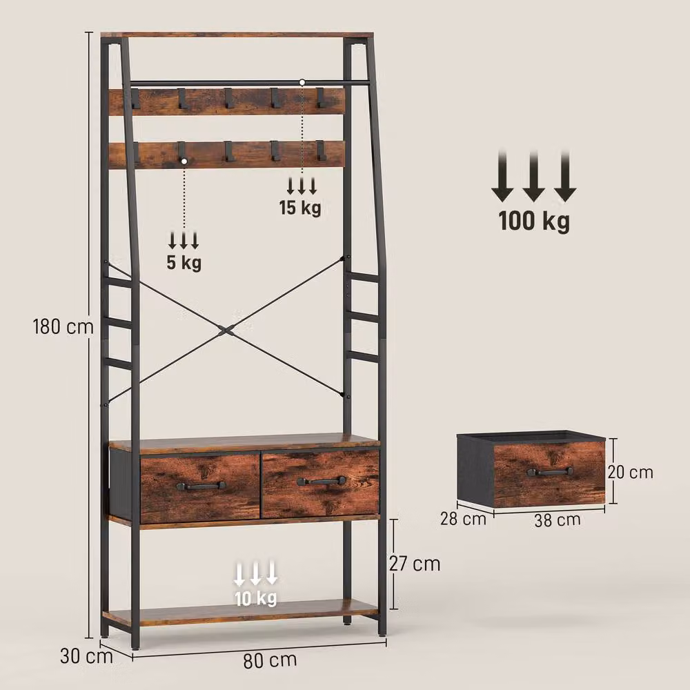 STILVORA Industrial Hall Tree with Bench and 10 Hooks in Brown and Black – 3