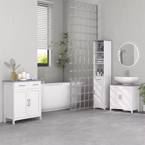 Kleankin 3-Piece Modern Bathroom Furniture Set in White with Vanity Unit, Side Cabinet and Tall Cabinet – 2