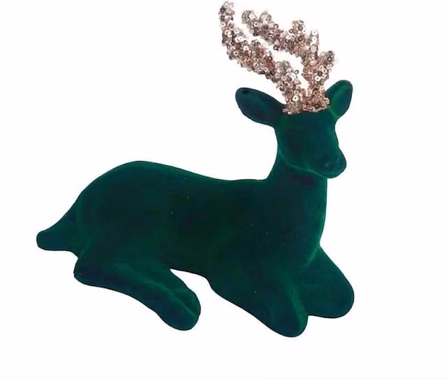 Shatchi Emerald Green Velvet Sitting Deer Christmas Reindeer Ornament, Height: 19 cm
